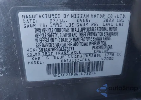 2016 Nissan Sentra Sv z USA, uszkodzony, nr VIN 3N1AB7AP3GL673271